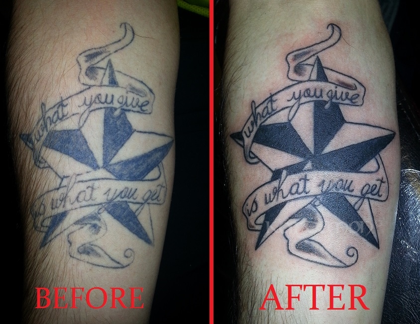 nautical star and scroll rework tattoo